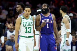 James Harden #1 of the Philadelphia 76ers reacts against Malcolm Brogdon #13 of the Boston Celtics during the fourth quarter