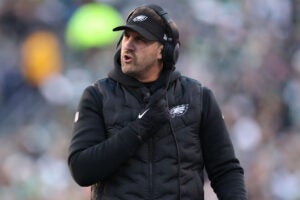 PHILADELPHIA, PENNSYLVANIA - DECEMBER 04: Head coach Nick Sirianni of the Philadelphia Eagles reacts against the Tennessee Titans during the second half at Lincoln Financial Field on December 04, 2022 in Philadelphia, Pennsylvania.