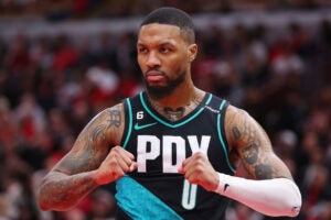 Damian Lillard #0 of the Portland Trail Blazers celebrates a basket against the Chicago Bulls during the first half at United Center on February 04, 2023 in Chicago, Illinois.