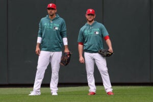 SEATTLE, WASHINGTON - JULY 10: (L-R) Nick Castellanos #8 and Craig Kimbrel #31 of the Philadelphia Phillies look onduring Gatorade All-Star Workout Day at T-Mobile Park on July 10, 2023 in Seattle, Washington.