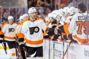 Joel Farabee #86 of the Philadelphia Flyers reacts after scoring during the third period against the Carolina Hurricanes - getting ready for flyers training camp