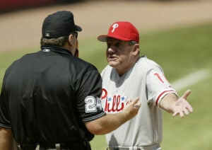 FLUSHING, NY - JULY 13: Manager Larry Bowa #10 of Philadelphia Phillies argues with home plate umpire Jerry layne after Layne threw second baseman Placido Polanco out of the game during the National League game against the New York Mets at Shea Stadium on July 13, 2003 in Flushing, New York. The Mets won 4-3.