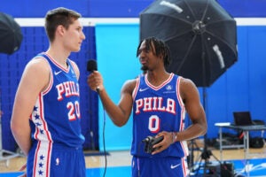 Tyrese Maxey and Azuolas Tubelis of the 2023-24 Philadelphia 76ers