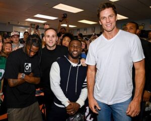 Travis Scott, Michael Rubin, Kevin Hart and Tom Brady attend Fanatics and Topps 'Hobby Rip Night' Event with Michael Rubin, Tom Brady, Kevin Hart and Travis Scott on September 30, 2023 in Linwood, New Jersey.