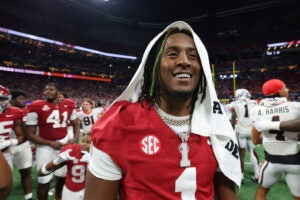 ATLANTA, GEORGIA - DECEMBER 02: Kool-Aid McKinstry #1 of the Alabama Crimson Tide celebrates after defeating the Georgia Bulldogs 27-24 in the SEC Championship at Mercedes-Benz Stadium on December 02, 2023 in Atlanta, Georgia. Eagles cornerbacks