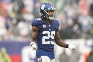 EAST RUTHERFORD, NEW JERSEY - OCTOBER 29: Xavier McKinney #29 of the New York Giants reacts after a penalty during the third quarter against the New York Jets at MetLife Stadium on October 29, 2023 in East Rutherford, New Jersey. free agents