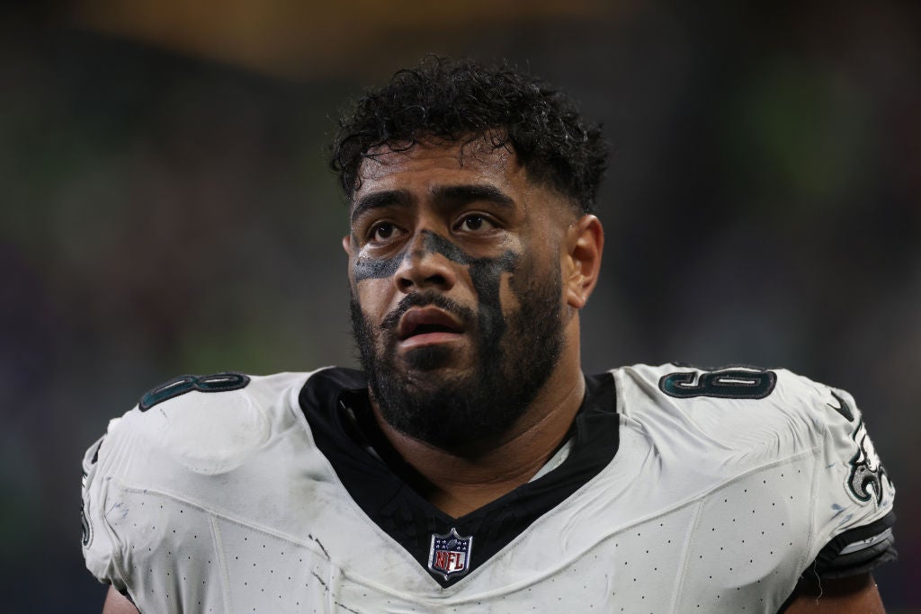 SEATTLE, WASHINGTON - DECEMBER 18: Jordan Mailata #68 of the Philadelphia Eagles looks on in the first half at Lumen Field on December 18, 2023 in Seattle, Washington. Eagles Captains