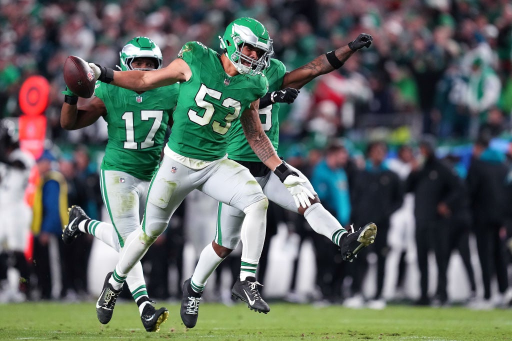 PHILADELPHIA, PENNSYLVANIA - NOVEMBER 03: Zack Baun #53 of the Philadelphia Eagles celebrates after an interception in the second quarter of a game against the Jacksonville Jaguars at Lincoln Financial Field on November 03, 2024 in Philadelphia, Pennsylvania.