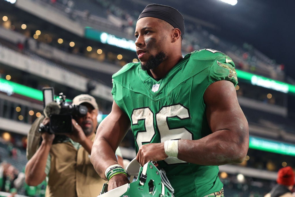 PHILADELPHIA, PENNSYLVANIA - NOVEMBER 03: Saquon Barkley #26 of the Philadelphia Eagles walks off the field after his team's 28-23 win against the Jacksonville Jaguars at Lincoln Financial Field on November 03, 2024 in Philadelphia, Pennsylvania.