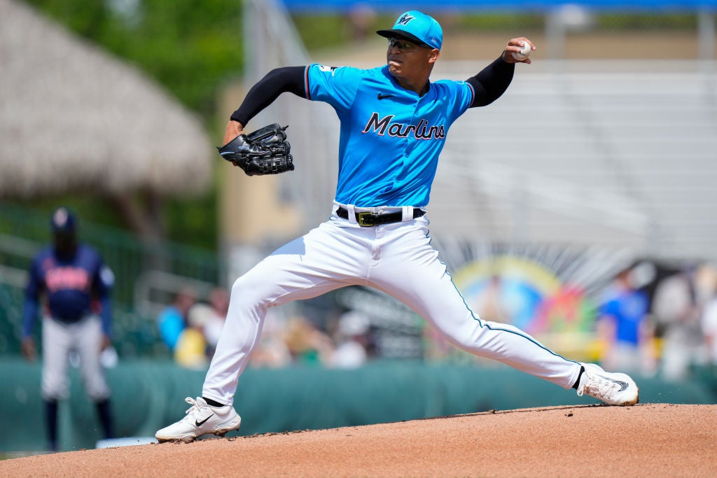 Jesus Luzardo #44 of the Miami Marlins throws a pitch against the Houston Astros during the first inning of a spring training game at Roger Dean Stadium on March 12, 2024 in Jupiter, Florida.