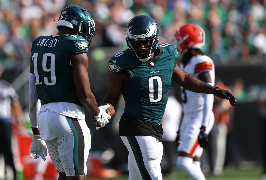 PHILADELPHIA, PENNSYLVANIA - OCTOBER 13: Josh Sweat #19 of the Philadelphia Eagles celebrates a sack with teammate Bryce Huff #0 against the Cleveland Browns during the third quarter at Lincoln Financial Field on October 13, 2024 in Philadelphia, Pennsylvania.