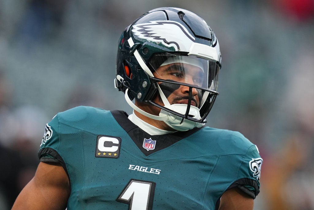 PHILADELPHIA, PENNSYLVANIA - DECEMBER 15: Jalen Hurts #1 of the Philadelphia Eagles looks on before the game against the Pittsburgh Steelers at Lincoln Financial Field on December 15, 2024 in Philadelphia, Pennsylvania.