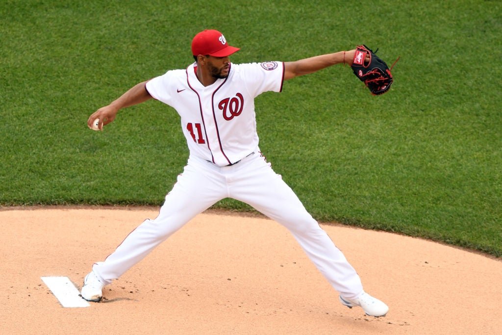 Joe Ross #41 of the Washington Nationals pitches in the first inning during game one of a doubleheader baseball game against New York Mets at Nationals Park on June 19, 2021 in Washington, DC. 