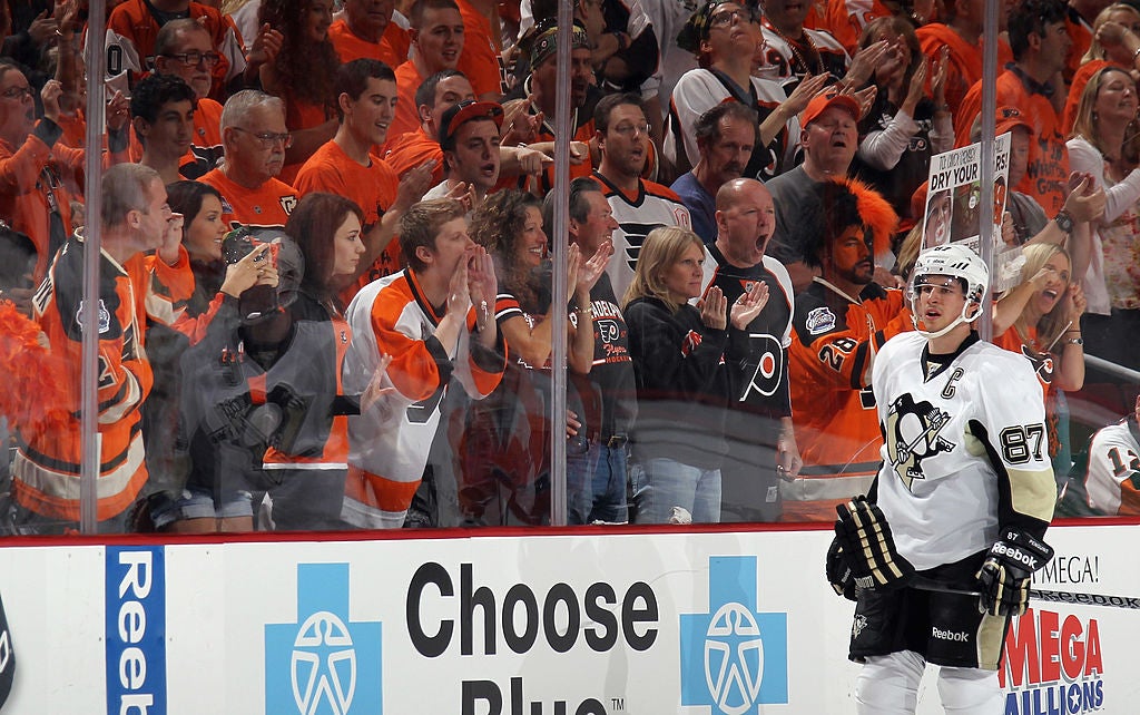 Philadelphia Flyers fans yell at Sidney Crosby #87 of the Pittsburgh Penguins in Game Three of the Eastern Conference Quarterfinals during the 2012 NHL Stanley Cup Playoffs at Wells Fargo Center on April 15, 2012 in Philadelphia, Pennsylvania. The Flyers defeated the Penguins 8-4.