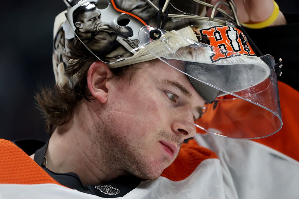 Carter Hart #79 of the Philadelphia Flyers looks on during the first period against the Seattle Kraken at Climate Pledge Arena on December 29, 2023 in Seattle, Washington.