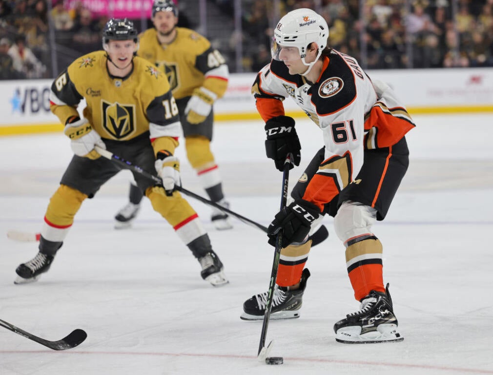 Cutter Gauthier #61 of the Anaheim Ducks, playing in his first career NHL game, skates against the Vegas Golden Knights in the first period of their game at T-Mobile Arena on April 18, 2024 in Las Vegas, Nevada. The Ducks defeated the Golden Knights 4-1.