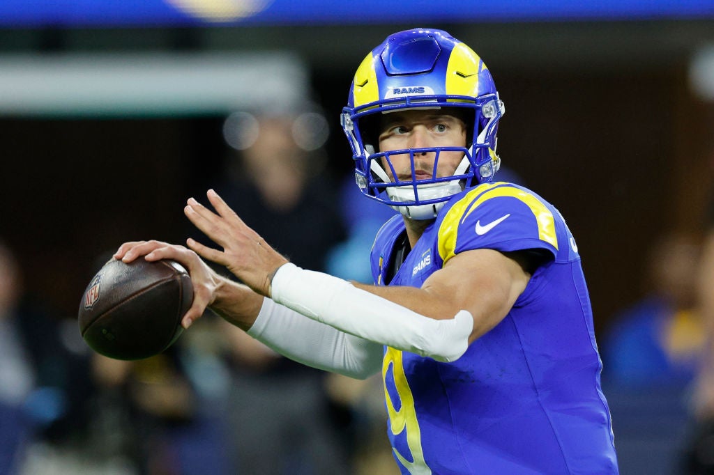 INGLEWOOD, CALIFORNIA - NOVEMBER 24: Matthew Stafford #9 of the Los Angeles Rams throws a pass against the Philadelphia Eagles in the second quarter at SoFi Stadium on November 24, 2024 in Inglewood, California. 