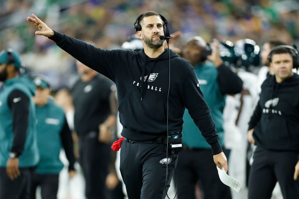 INGLEWOOD, CALIFORNIA - NOVEMBER 24: Head coach Nick Sirianni of the Philadelphia Eagles reacts during the third quarter against the Los Angeles Rams at SoFi Stadium on November 24, 2024 in Inglewood, California.