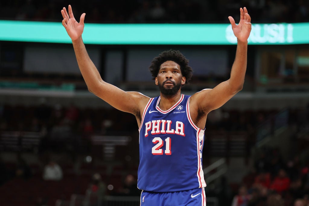 CHICAGO, ILLINOIS - DECEMBER 08: Joel Embiid #21 of the Philadelphia 76ers reacts against the Chicago Bulls during the first half at the United Center on December 08, 2024 in Chicago, Illinois. NOTE TO USER: User expressly acknowledges and agrees that, by downloading and or using this photograph, User is consenting to the terms and conditions of the Getty Images License Agreement.  