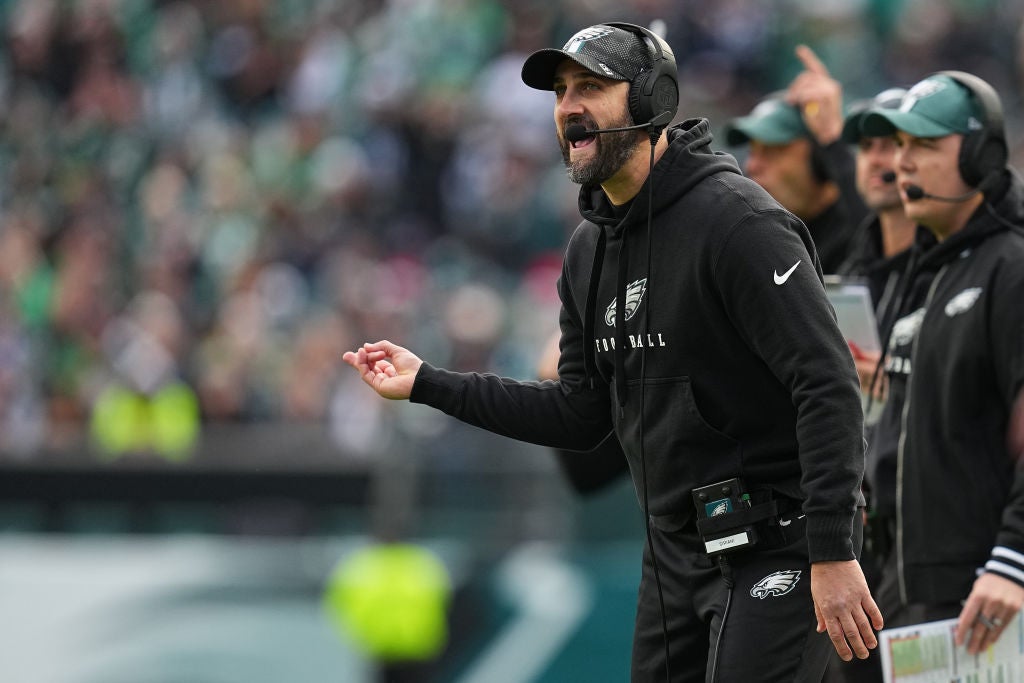 PHILADELPHIA, PENNSYLVANIA - DECEMBER 08: Head coach Nick Sirianni of the Philadelphia Eagles yells out to players during the second quarter of a game against the Carolina Panthers at Lincoln Financial Field on December 08, 2024 in Philadelphia, Pennsylvania. 