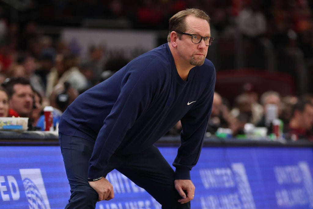 Head coach Nick Nurse of the Philadelphia 76ers looks on against the Chicago Bulls during the second half at the United Center on December 08, 2024 in Chicago, Illinois. NOTE TO USER: User expressly acknowledges and agrees that, by downloading and or using this photograph, User is consenting to the terms and conditions of the Getty Images License Agreement.  