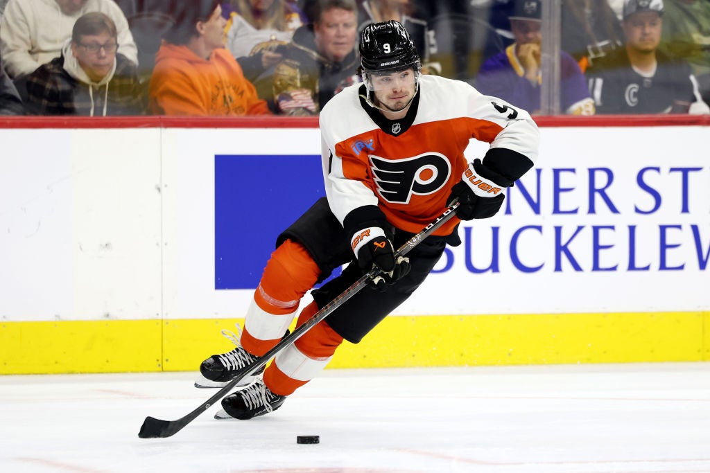 Jamie Drysdale #9 of the Philadelphia Flyers controls the puck during a game against the Los Angeles Kings at the Wells Fargo Center on December 19, 2024 in Philadelphia, Pennsylvania.