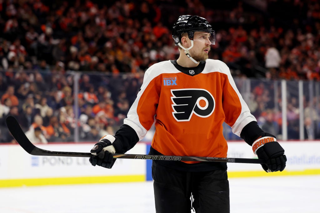 Rasmus Ristolainen #55 of the Philadelphia Flyers looks on during a game against the Los Angeles Kings at the Wells Fargo Center on December 19, 2024 in Philadelphia, Pennsylvania.