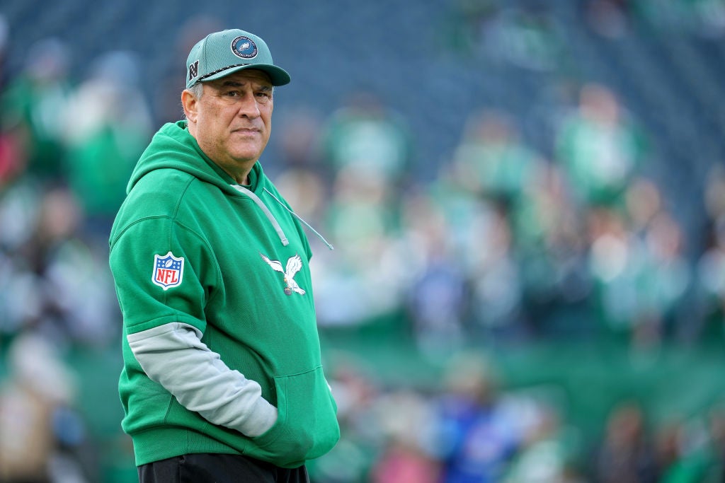 PHILADELPHIA, PENNSYLVANIA - DECEMBER 29: Defensive coordinator Vic Fangio of the Philadelphia Eagles looks on before the game against the Dallas Cowboys at Lincoln Financial Field on December 29, 2024 in Philadelphia, Pennsylvania. 