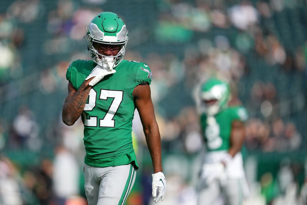 PHILADELPHIA, PENNSYLVANIA - DECEMBER 29: Quinyon Mitchell #27 of the Philadelphia Eagles looks on before the game against the Dallas Cowboys at Lincoln Financial Field on December 29, 2024 in Philadelphia, Pennsylvania.