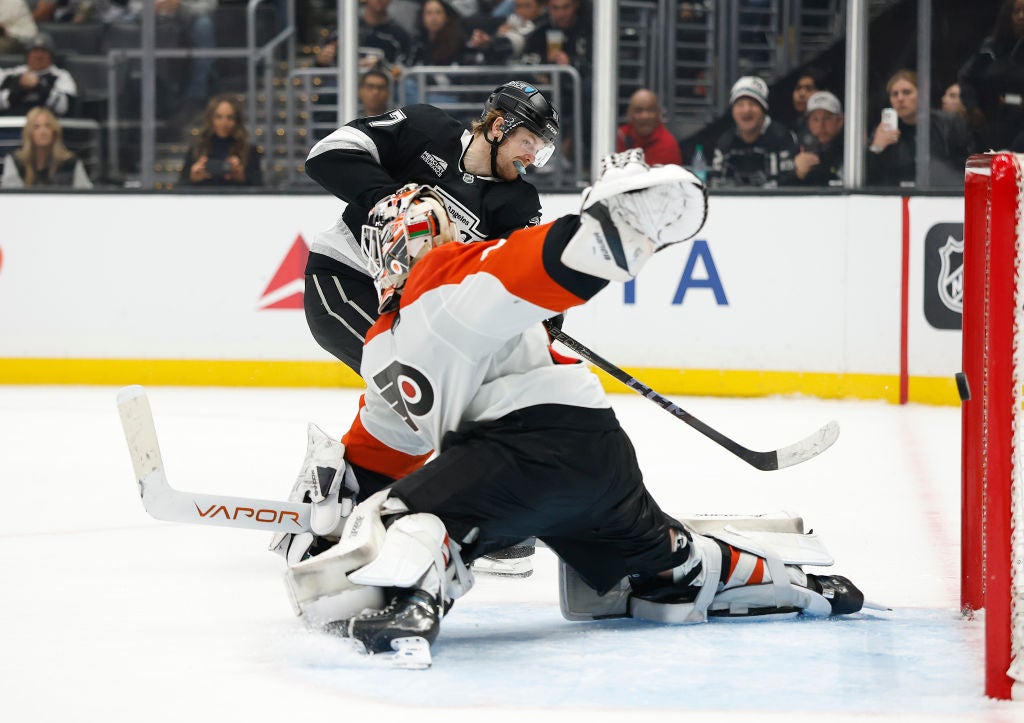 Warren Foegele #37 of the Los Angeles Kings scores a goal against Aleksei Kolosov #35 of the Philadelphia Flyers in the second period at Crypto.com Arena on December 29, 2024 in Los Angeles, California.