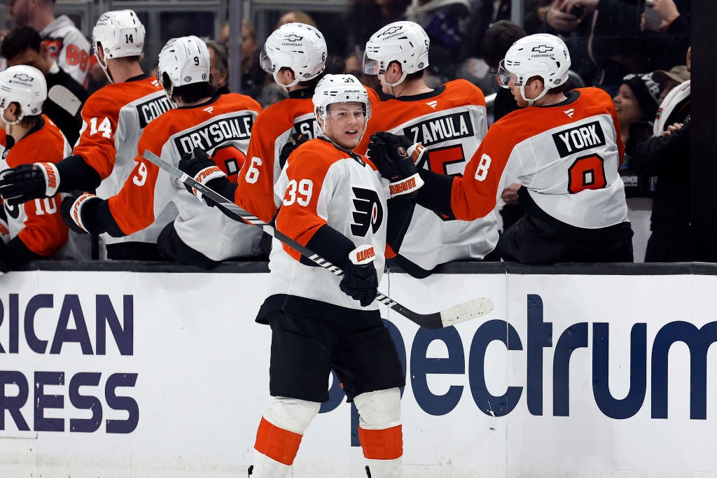 Matvei Michkov #39 of the Philadelphia Flyers celebrates a goal against the Los Angeles Kings in the second period at Crypto.com Arena on December 29, 2024 in Los Angeles, California.