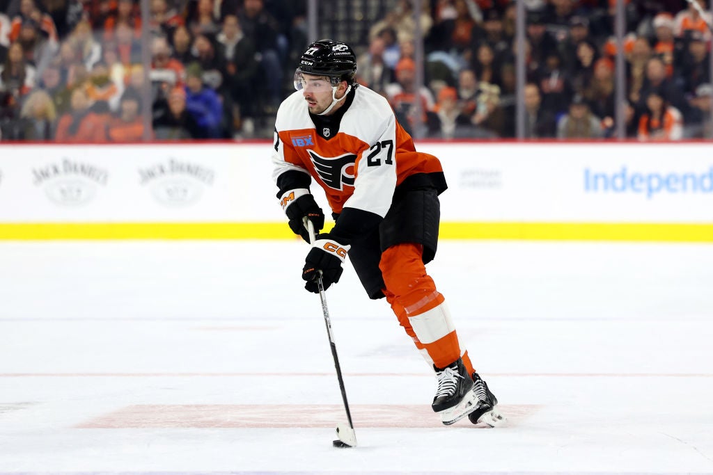 Noah Cates #27 of the Philadelphia Flyers skates during a game against the Columbus Blue Jackets at the Wells Fargo Center on December 21, 2024 in Philadelphia, Pennsylvania.