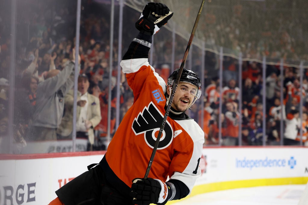 Travis Konecny #11 of the Philadelphia Flyers celebrates his goal during the second period against the Toronto Maple Leafs at the Wells Fargo Center on January 07, 2025 in Philadelphia, Pennsylvania.