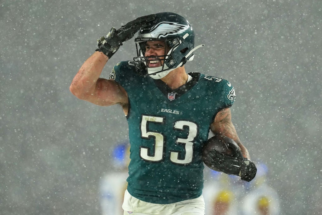 PHILADELPHIA, PENNSYLVANIA - JANUARY 19: Zack Baun #53 of the Philadelphia Eagles reacts after recovering a fumble against the Los Angeles Rams during the fourth quarter in the NFC Divisional Playoff at Lincoln Financial Field on January 19, 2025 in Philadelphia, Pennsylvania. 