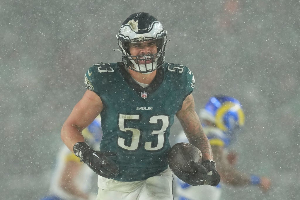 PHILADELPHIA, PENNSYLVANIA - JANUARY 19: Zack Baun #53 of the Philadelphia Eagles reacts after recovering a fumble against the Los Angeles Rams during the fourth quarter in the NFC Divisional Playoff at Lincoln Financial Field on January 19, 2025 in Philadelphia, Pennsylvania