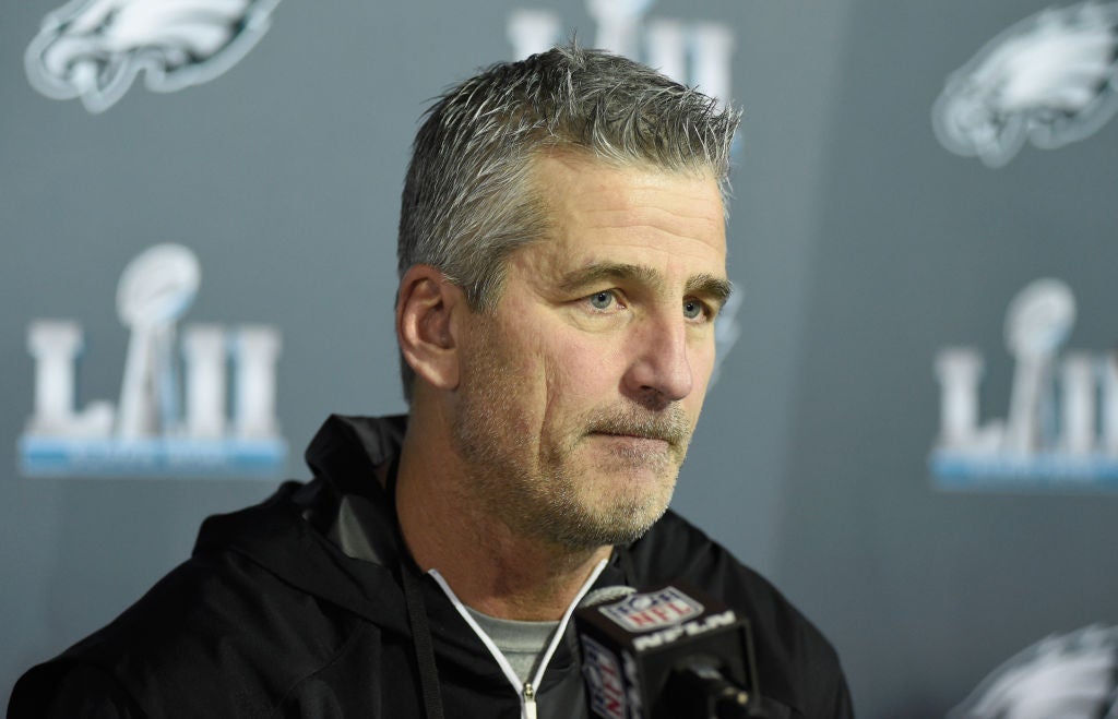 BLOOMINGTON, MN - FEBRUARY 01: Offensive coordinator Frank Reich of the Philadelphia Eagles speaks to the media during Super Bowl LII media availability on February 1, 2018 at Mall of America in Bloomington, Minnesota. The Philadelphia Eagles will face the New England Patriots in Super Bowl LII on February 4th.