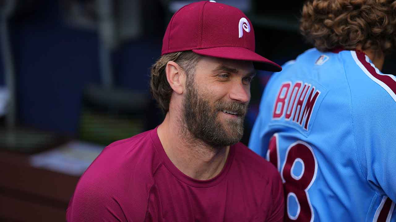 Bryce Harper Phillies Dugout Smile Getty