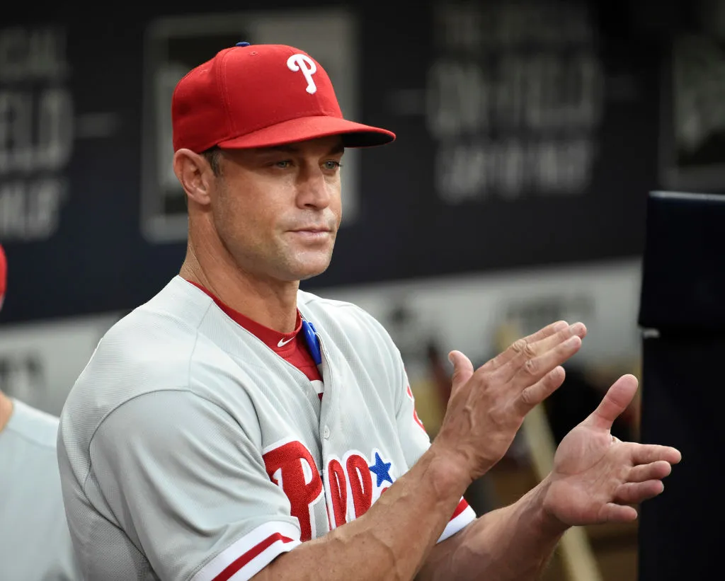 SAN DIEGO, CA - AUGUST 10: Gabe Kapler #22 of the Philadelphia Phillies looks on before a baseball game against the San Diego Padres at PETCO Park on August 10, 2018 in San Diego, California.