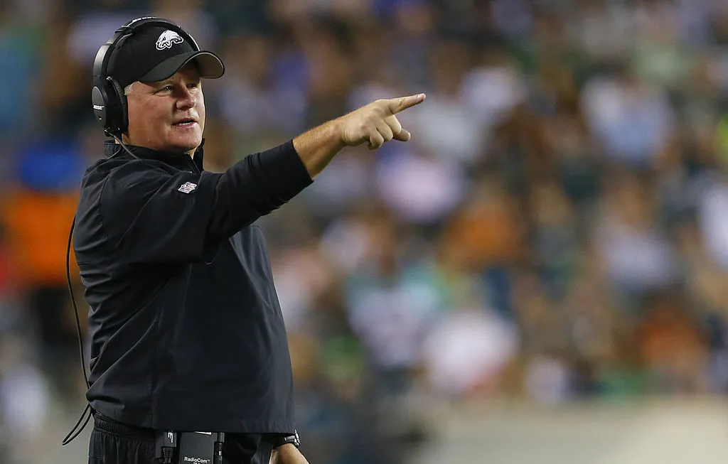 PHILADELPHIA, PA - AUGUST 28: Head coach Chip Kelly of the Philadelphia Eagles walks on the field to talk to the referees in the preseason game against the New York Jets on August 28, 2014 at Lincoln Financial Field in Philadelphia, Pennsylvania.