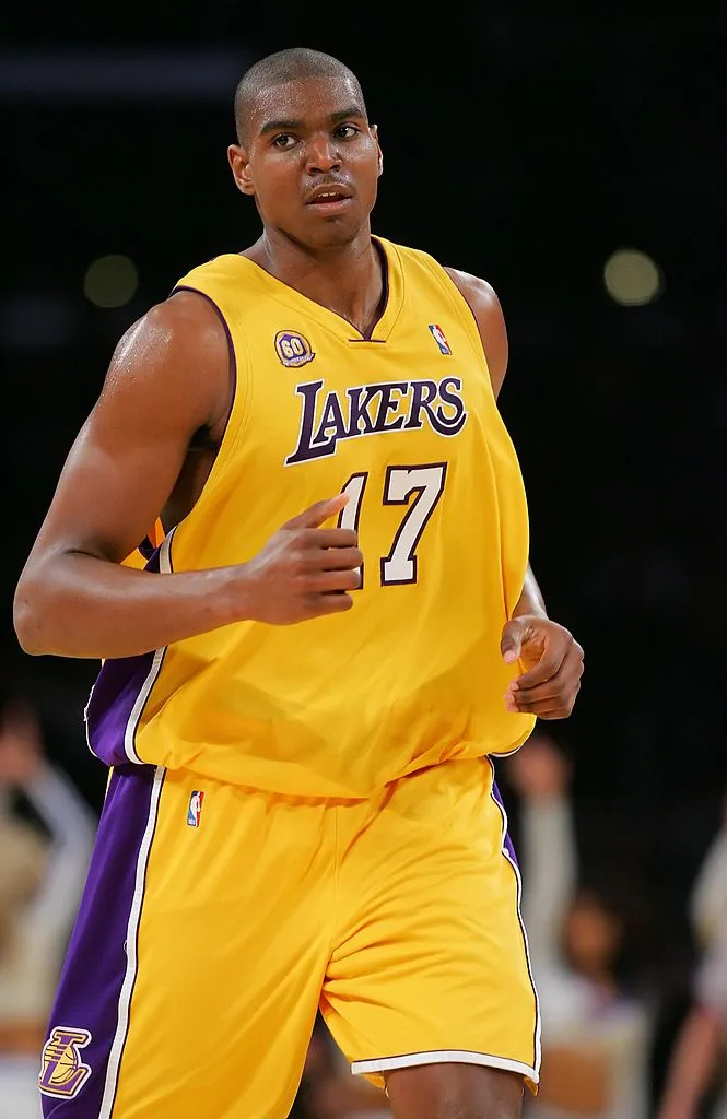 LOS ANGELES, CA - JANUARY 11: Andrew Bynum #17 of the Los Angeles Lakers runs upcourt during the game against the Milwaukee Bucks at Staples Center on January 11, 2008 in Los Angeles, California. 