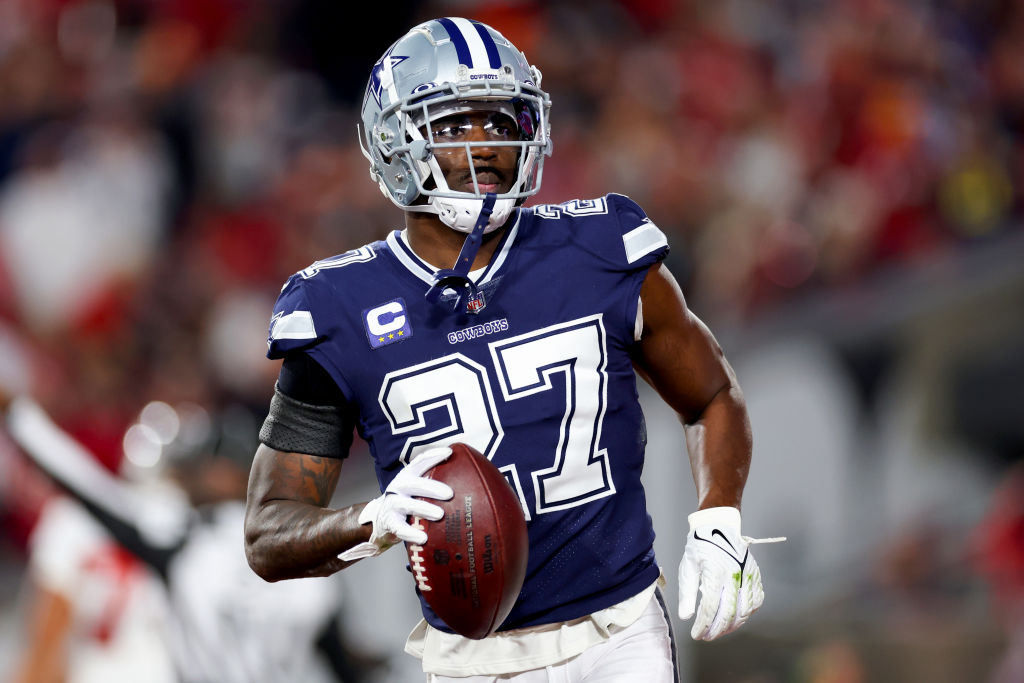 TAMPA, FLORIDA - JANUARY 16: Jayron Kearse #27 of the Dallas Cowboys celebrates after intercepting a pass against the Tampa Bay Buccaneers during the second quarter in the NFC Wild Card playoff game at Raymond James Stadium on January 16, 2023 in Tampa, Florida. 