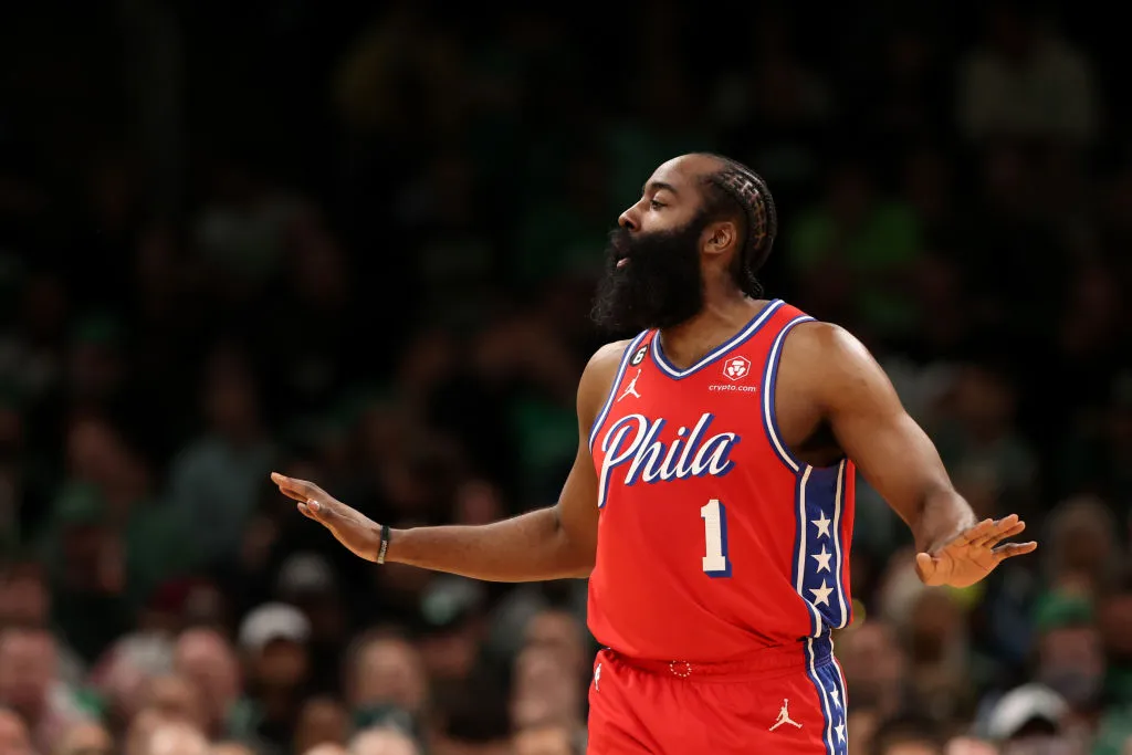 James Harden #1 of the Philadelphia 76ers disputes a foul called against him during the first quarter in game one of the Eastern Conference Second Round Playoffs at TD Garden on May 01, 2023 in Boston, Massachusetts.
