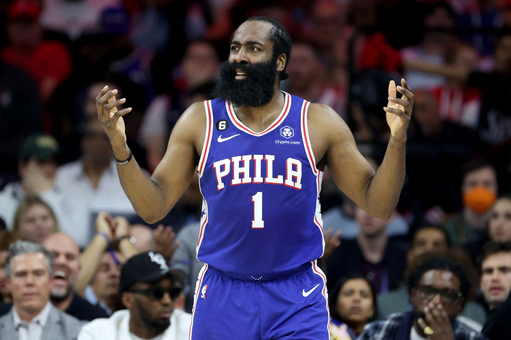 PHILADELPHIA, PENNSYLVANIA - MAY 11: James Harden #1 of the Philadelphia 76ers reacts to a play against the Boston Celtics during the second quarter in game six of the Eastern Conference Semifinals in the 2023 NBA Playoffs at Wells Fargo Center on May 11, 2023 in Philadelphia, Pennsylvania.
