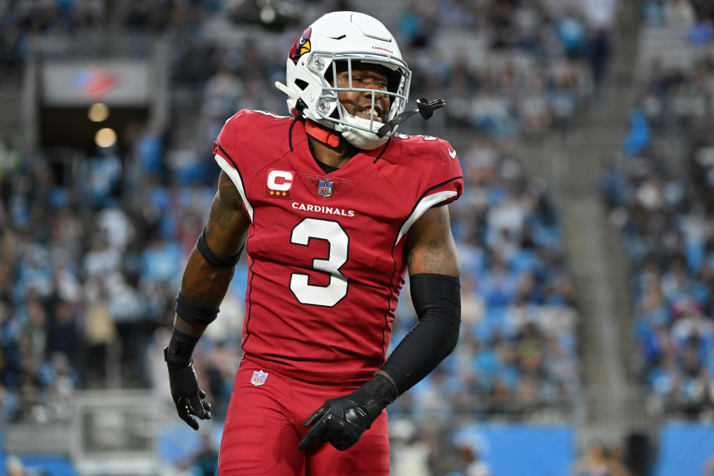 CHARLOTTE, NORTH CAROLINA - OCTOBER 02: Budda Baker #3 of the Arizona Cardinals reacts after a defensive stop against the Carolina Panthers during the fourth quarter at Bank of America Stadium on October 02, 2022 in Charlotte, North Carolina.