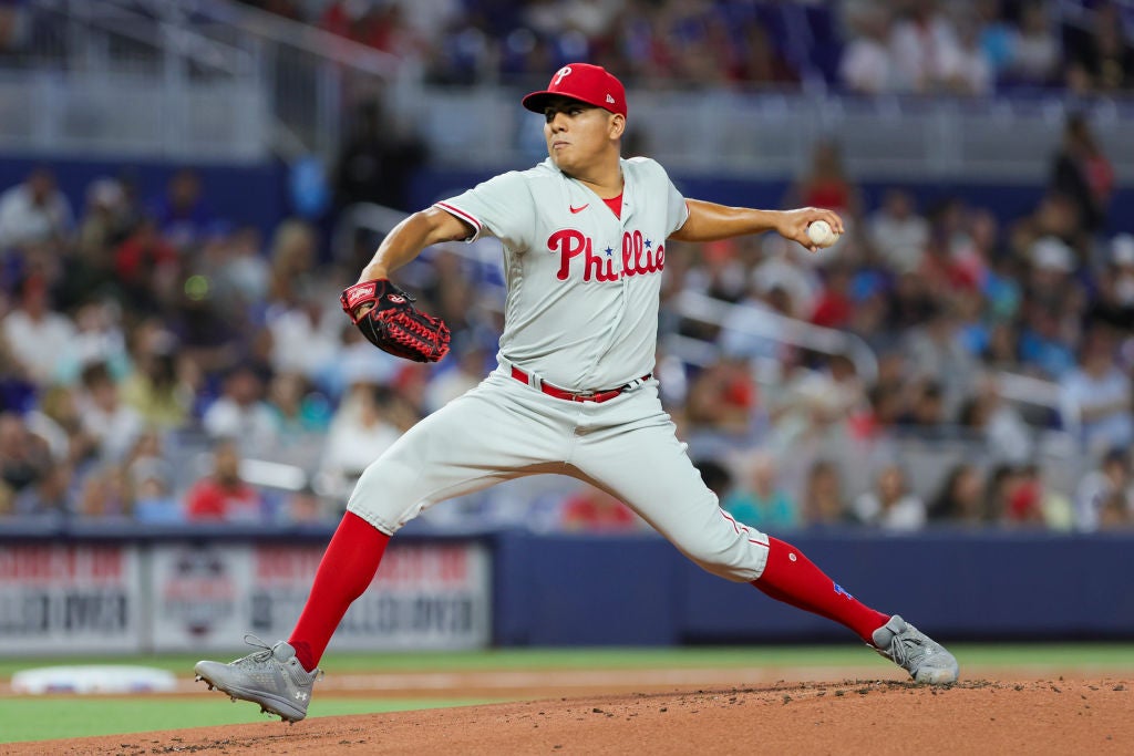 MIAMI, FLORIDA - JULY 8: Ranger Suarez #55 of the Philadelphia Phillies pitches against the Miami Marlins during the first inning at loanDepot park on July 8, 2023 in Miami, Florida.