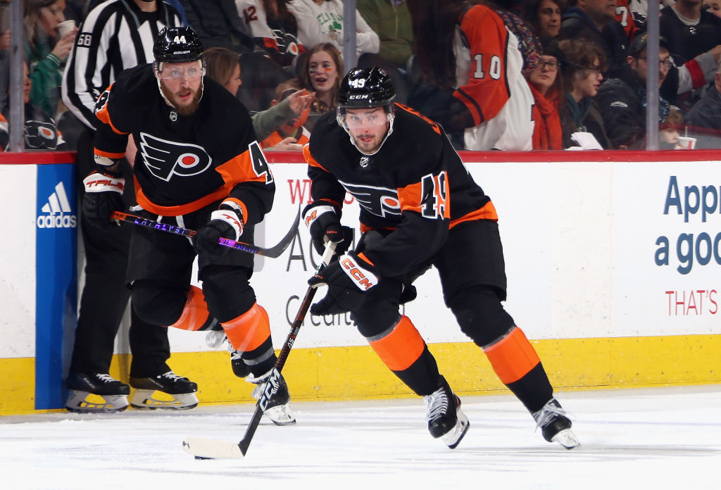 Noah Cates #49 of the Philadelphia Flyers skates against the Buffalo Sabres