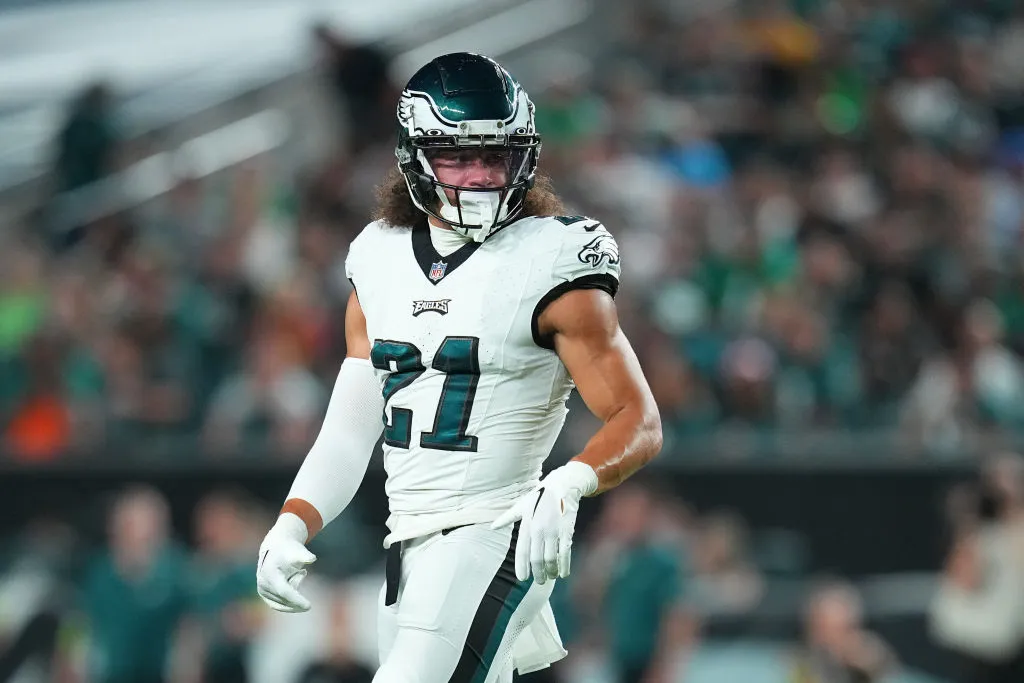 Sydney Brown #21 of the Philadelphia Eagles looks on against the Cleveland Browns during the preseason game at Lincoln Financial Field on August 17, 2023 in Philadelphia, Pennsylvania. The Browns tied the Eagles 18-18.