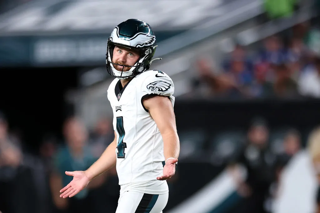 PHILADELPHIA, PENNSYLVANIA - AUGUST 24: Jake Elliott #4 of the Philadelphia Eagles reacts after making a field goal during the first quarter against the Indianapolis Colts at Lincoln Financial Field on August 24, 2023 in Philadelphia, Pennsylvania.