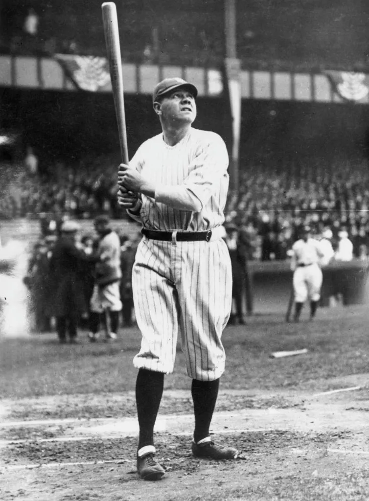 American baseball player 'Babe' Ruth (George Herman Ruth, 1895 - 1948) looks up while batting for the New York Yankees during a game, April 9, 1925.