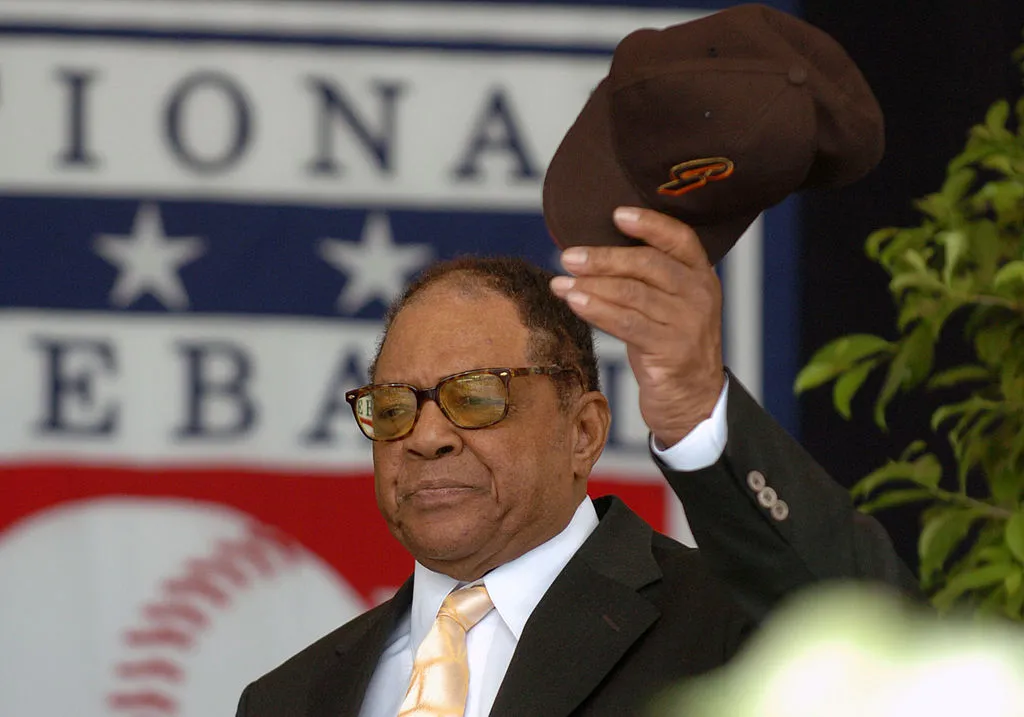 Willie Mays watches 2004 Baseball Hall of Fame induction ceremonies July 25, 2004 in Cooperstown, New York